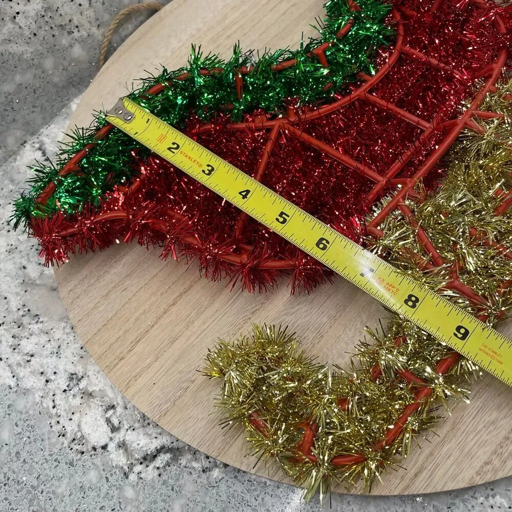 Vintage Tinsel Garland Wrapped Sleigh Frame w/ Snowflakes Christmas Decoration